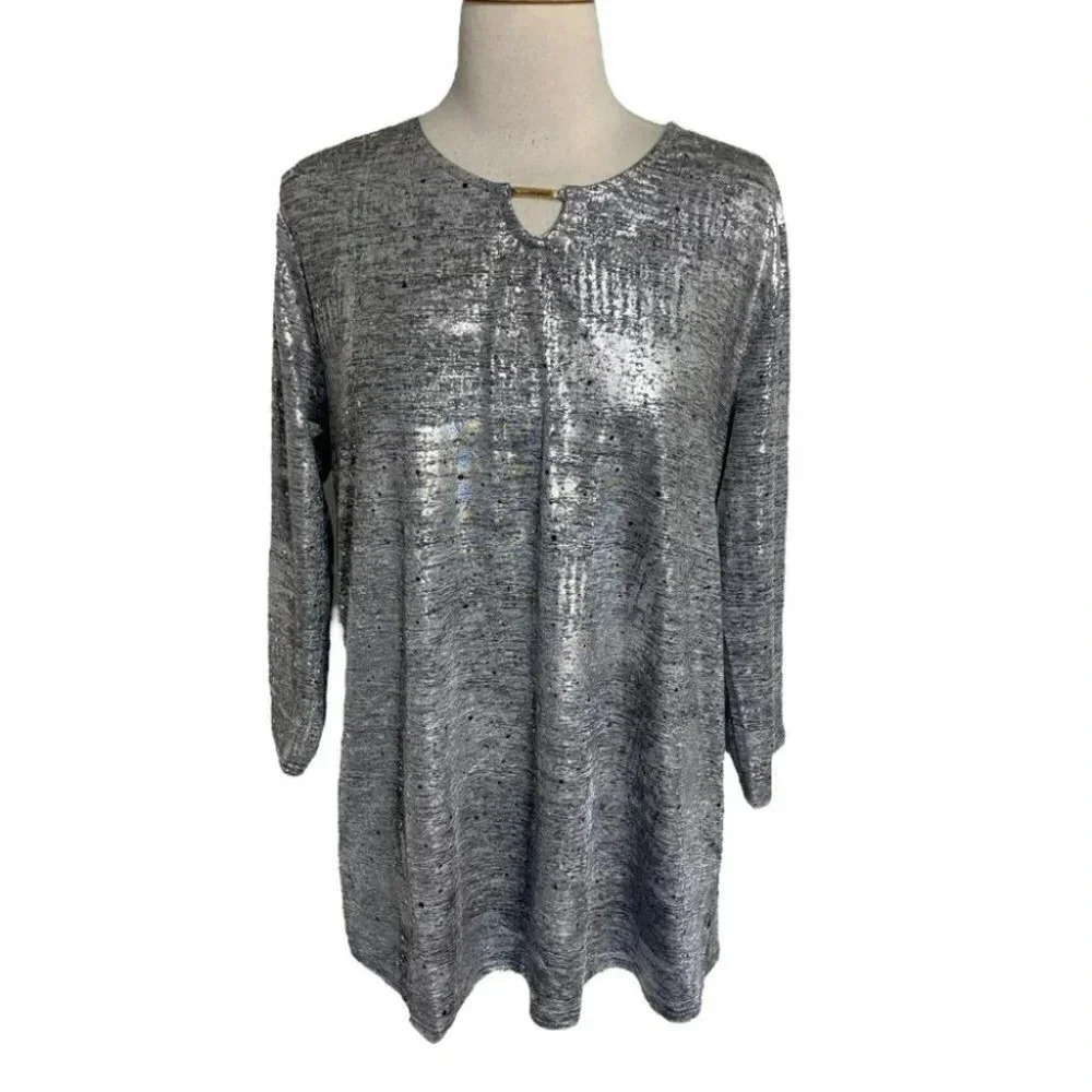 Salon Studio Metallic Tunic Top Size L Silver Keyhole Neck 3/4 Sleeve B53